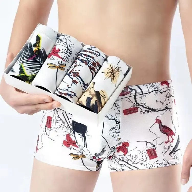 Silk-Waist Free Print Mid-Waist Boxer Briefs- 4 Pack